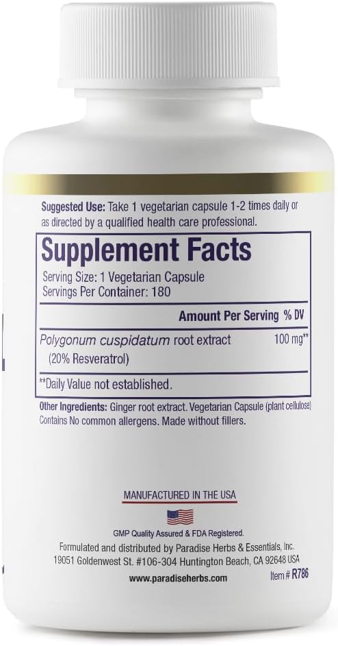 Paradise Herbs Resveratrol, Antioxidant, Super Potent, Ultra Pure, Vegan, Non GMO, Gluten Free, 180 Vegetarian Capsules