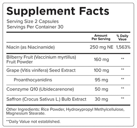 Eye Vitamins with Bilberry Saffron Niacinamide CoQ10 for Optic Nerve Support - Bilberry Supplement for Supporting Healthy Eye Pressures and Retinal Blood Flow - Neuroptene® (60 Capsules)
