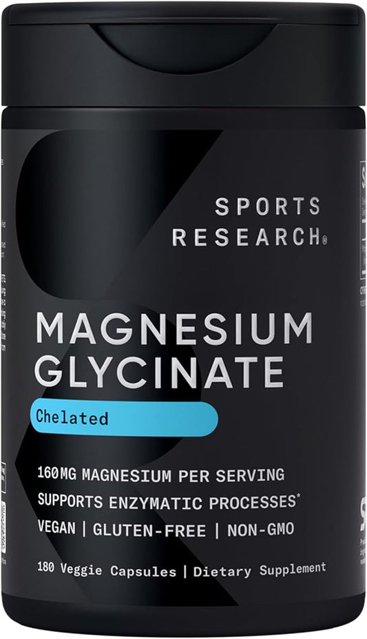 Sports Research® Magnesium Glycinate - Supports Restful Sleep & Enzymatic Processes - 160 mg Chelated Magnesium - Vegan Capsule - 180 Count