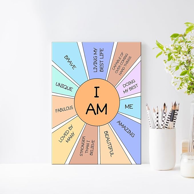 JANLAN I Am Brave Wall Art,Positive Affirmations Wall Decor for Kids,Inspirational Quotes Canvas Wall Art for Kids Room Nursery Classroom