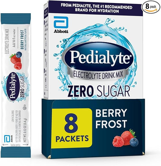 Pedialyte Electrolyte Drink Mix With Zero Sugar | Hydration With Key Electrolytes | Great Hydration Low in Calories | Berry Frost, 8 Powder Packets