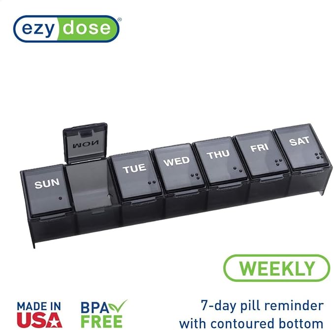EZY DOSE Weekly (7-Day) Daily Pill Case, Medicine Planner, Vitamin Organizer, Supplement Container, Convenient and Easy to Use, Large Compartments, Travel Friendly, Black, Made in the USA, BPA Free