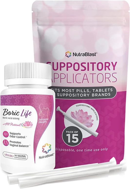 NutraBlast Boric Acid Vaginal Suppositories 600mg Bundle with Applicator, 30 Suppositories & 15 Applicators - Feminine Care - Made in USA