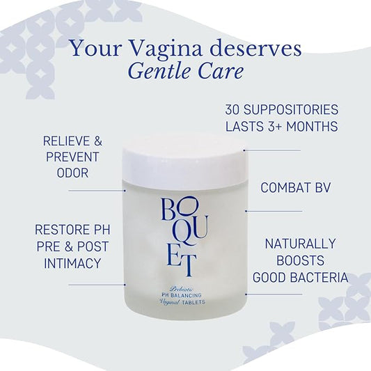 Boquet Vaginal Prebiotic Suppository- Prevent & Eliminate The Cause of Odor, Maintain pH Balance (30 Ct) Fast Acting Gentle Care for Your Flora Below