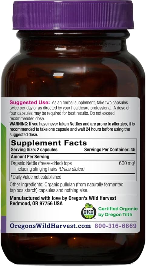 Oregon's Wild Harvest, Certified Organic Nettle Capsules with Stinging Hairs, Allergy Supplement, 600 mg, 90 Capsules
