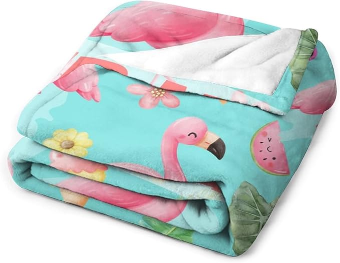 Custom Flamingo Blankets Gifts with Name - 60 x 80 Inches Cute Throw for Men & Women - Green Fluffy Comfort Furry Flamingo Blankets for Bed
