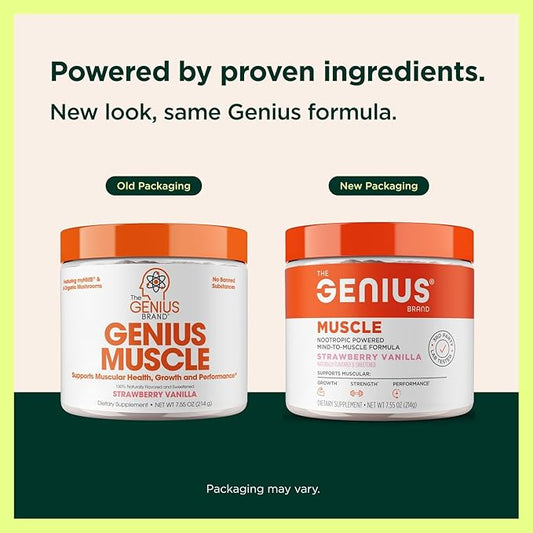 The Genius Brand Genius Muscle - Muscle Health Supplement for Growth, Endurance & Recovery - Non-Hormonal Formula - 6 Organic Mushrooms - Naturally-Sweetened - 30 Servings - Strawberry Vanilla