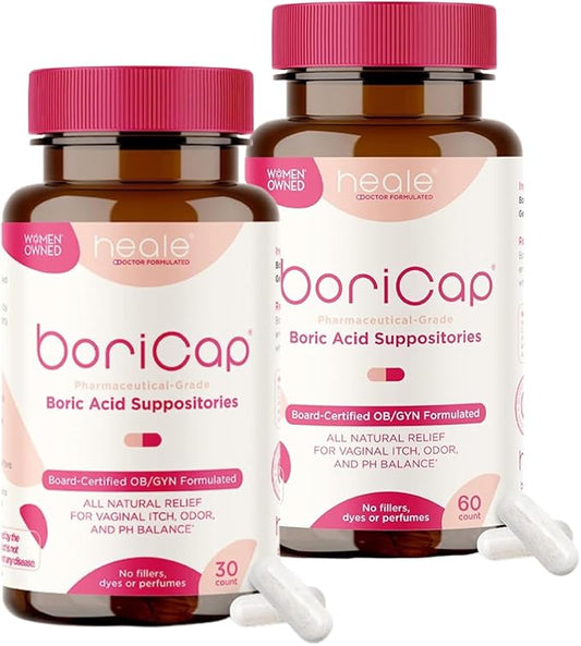 BoriCap - Boric Acid Suppositories for Women - 600 mg - Vaginal Health & Balance, Itch & Odor - Natural Relief - Feminine Care - Feminine Hygiene Products - Made in USA by Heale - 90 Capsules
