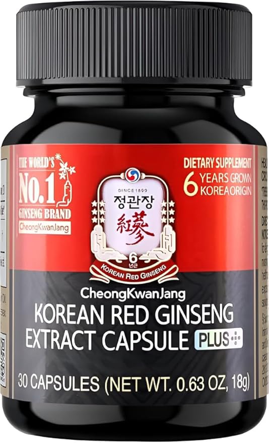 Korean Red Ginseng Extract Capsules Plus | All-in-1 Focus Pills for Men & Women | Natural Energy Supplements, Circulation, Immune Support, Brain Booster | 30 Capsules