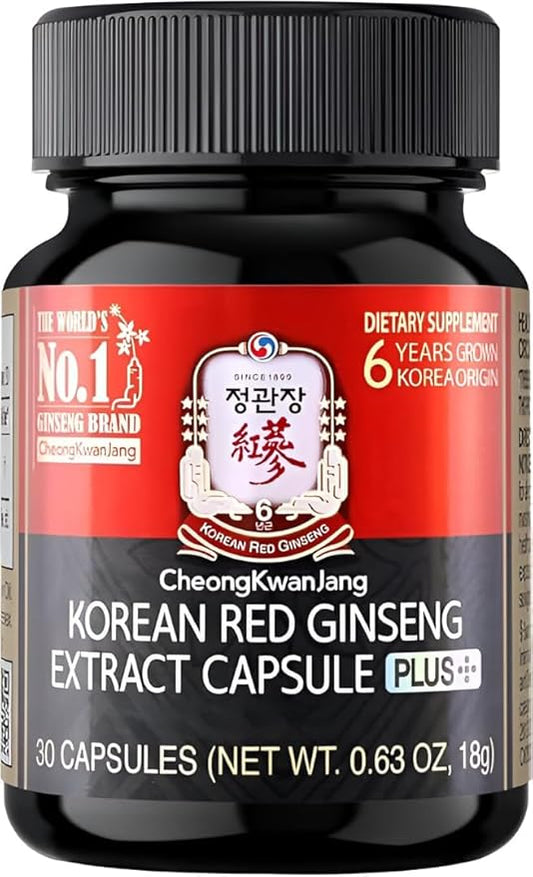 Korean Red Ginseng Extract Capsules Plus | All-in-1 Focus Pills for Men & Women | Natural Energy Supplements, Circulation, Immune Support, Brain Booster | 30 Capsules