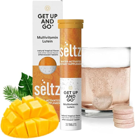 Seltz® Water-Activated Vitamins - Get Up and Go with Multivitamin and Lutein – Natural Tropical Flavor Dietary Supplement - 1 Pack x 20 Effervescent Tablets