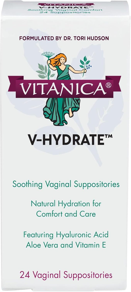 Vitanica V-Hydrate, Hyaluronic Acid Vaginal Suppositories for Comfort and Vaginal Hydration with Aloe Vera and Vitamin E, Hormone-Free & Drug-Free, Vegan, 2 Month Supply, 24 Count