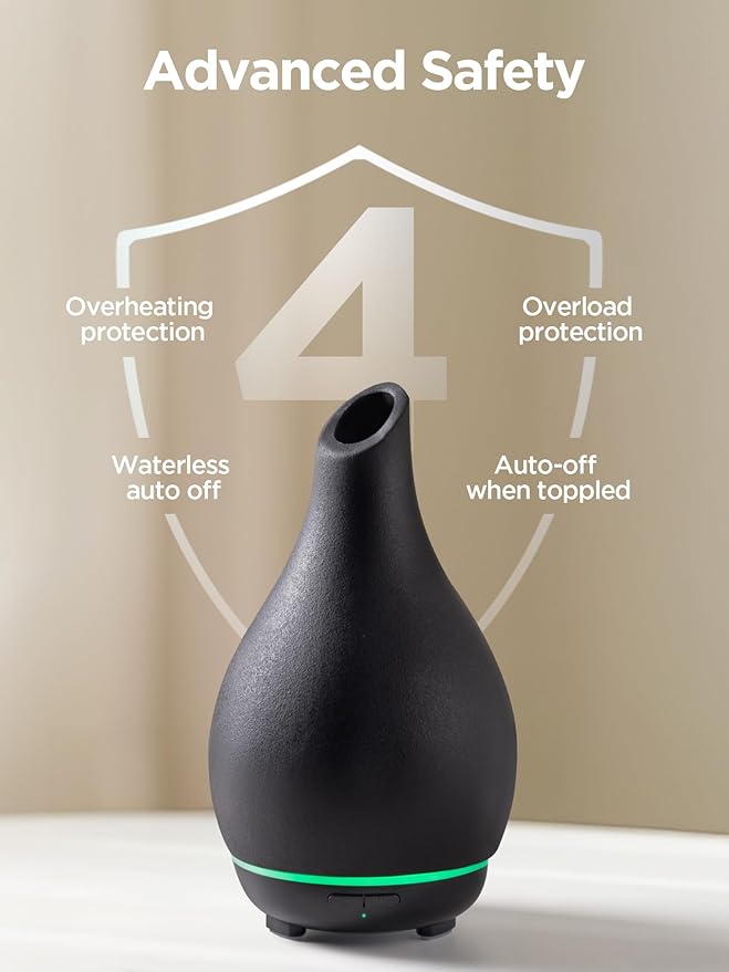 InnoGear Essential Oil Diffuser, 150ml Ceramic Diffuser Handcrafted Stone Aromatherapy Diffusers Ultrasonic Cool Mist Humidifier Vaporizer with 2 Mist Modes Waterless Auto Off for Room Office, Black