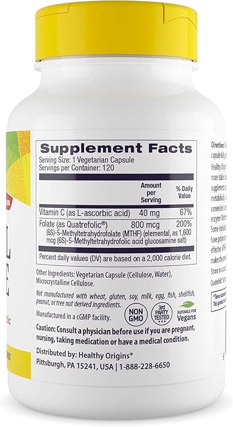 Healthy Origins Methyl Folate 800 mcg (Quatrefolic, Non-GMO, Bioavailable Folate, Gluten Free, Neurotransmitter Support), 120 Veggie Caps