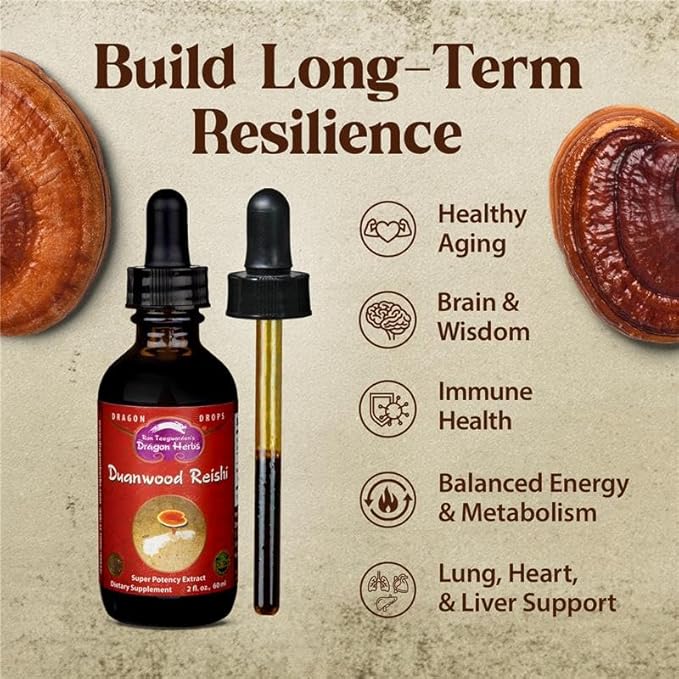 Dragon Herbs Duanwood Reishi Drops • Mushroom Supplement • Mountain Organically Log Grown • Triple Extractions • for Immunity, Sleep, Heart, Liver, Stress, Super Potency Fast Acting • 2 fl oz, 60 mL