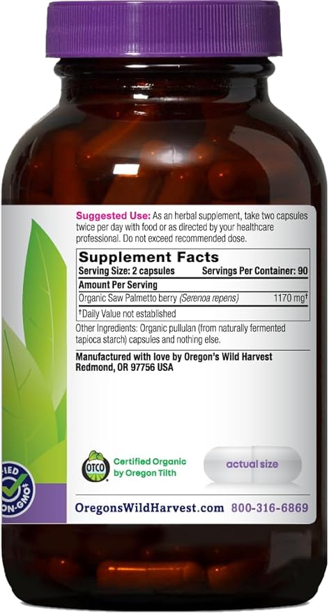 Oregon's Wild Harvest Certified Organic Saw Palmetto Herbal Capsules, 180 Count
