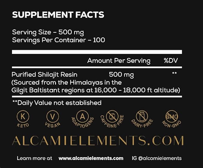 Alcami Pure Himalayan Shilajit Resin - High Potency Gold Grade Shilajit for Men & Women | 100 Servings | 85+ Trace Minerals | 75%+ Fulvic Acid | Lab Tested | 50 Grams | Spoon Included
