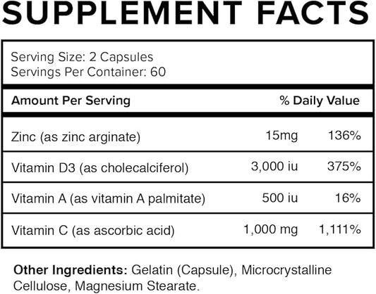 Immune Up High-Absorption Vitamin C, D3, A + Zinc | Immune Support | Improve Cellular Health | Microbial Defense | 120 Capsules (60 Day Supply)