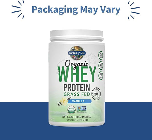 Garden of Life Grass Fed Whey Protein Powder Vanilla - 21g Protein for Women & Men + Probiotics - 12 Servings - Gluten Free, Non GMO, Kosher, Humane, RBST & rBGH Hormone Free