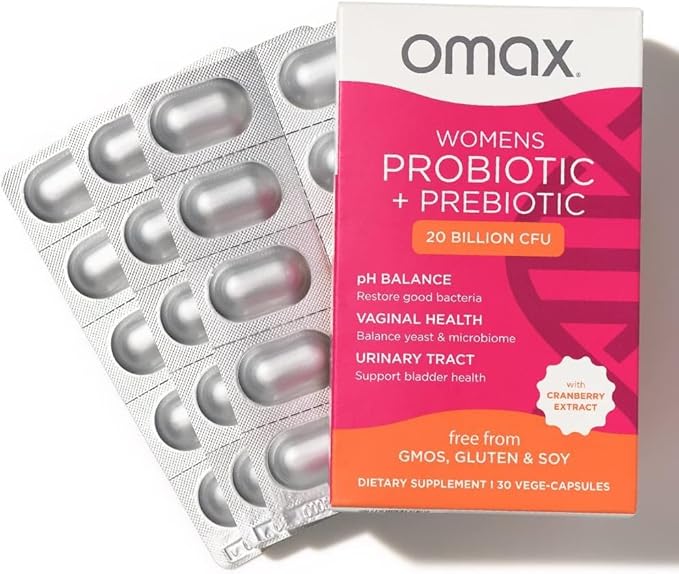2 Pack Omax Prebiotics & Probiotics Complex for Women, pH Balance, Vaginal Health, Urinary Tract, Yeast, UTI/BV Prevention, Bloating pH 20 Billion CFU | Vegan, Organic, Gluten Free, 60 Vege-Capsules