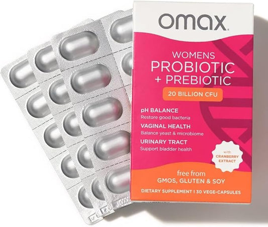 2 Pack Omax Prebiotics & Probiotics Complex for Women, pH Balance, Vaginal Health, Urinary Tract, Yeast, UTI/BV Prevention, Bloating pH 20 Billion CFU | Vegan, Organic, Gluten Free, 60 Vege-Capsules