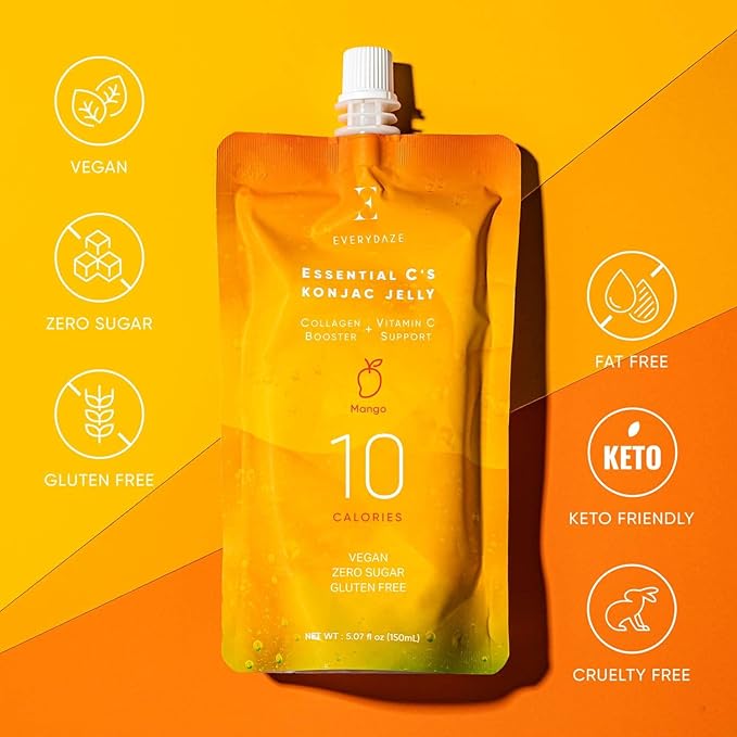 EVERYDAZE Essential C’s Konjac Jelly | Mango | Vegan Collagen Peptides and Vitamin C | Gluten Free, Sugar Free, Low Calorie | Healthy Drinkable Fruit Snack | 10 Pack Box Food Drink Pouch