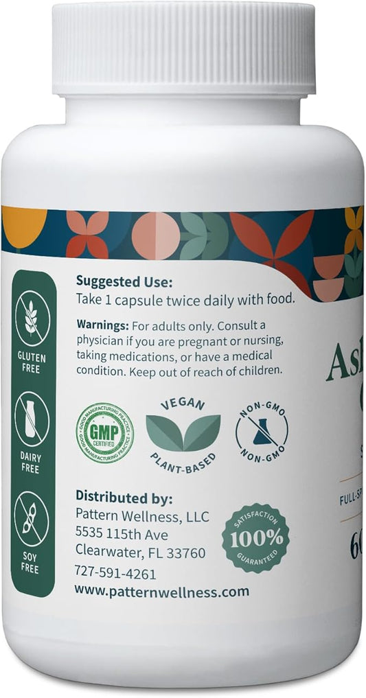 Pattern Wellness Ashwagandha Complex for Men & Women - KSM-66 & Black Pepper Extract - Whole Body & Heart Health - Supports Stress & Mood - Non-GMO - 120 Vegan Capsules