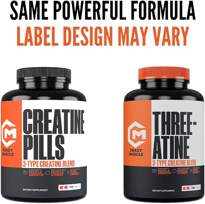 Crazy Muscle Creatine Monohydrate Pills, Premium 3 Type 5g Creatine Pills, Pre and PostWorkout & Keto Energy Builder, Easy to Take Three-Atine for Optimum Performance Men Women, 180 Tablets