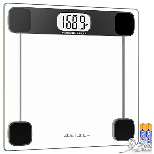 Scale for Body Weight Digital Bathroom Scale Accurate Weighing Machine for People, High Precision Bath Scale, Step On, Tempered Glass LCD Display Batteries and Tape Measure Included, 400lbs