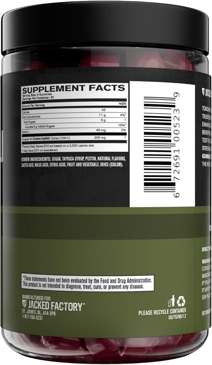 Jacked Factory Tongkat Ali Gummies - 100:1 Tongkat-Ali (Eurycoma Longifolia) Extract for Enhanced Vitality, Improved Energy Levels, Increased Strength, & Lean Muscle Growth - 120 Count, Tart Cherry
