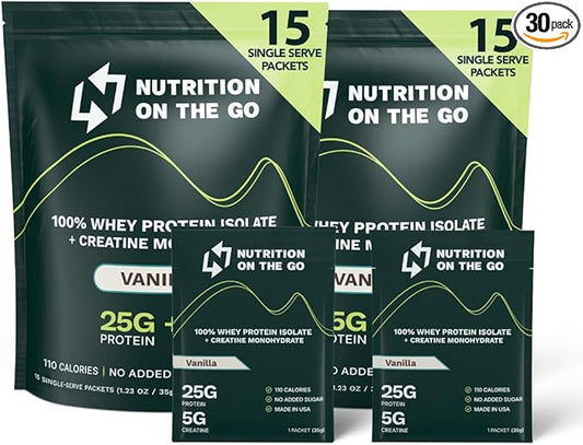 Travel Whey Protein Isolate Packets – Single-Serve Protein Powder – 25g Protein + 5g Creatine – Vanilla (30-Pack)