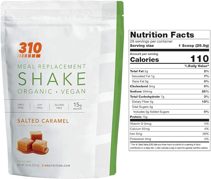 310 Nutrition Organic All-In-One Meal Replacement Shake Powder - Plant-Based Protein Smoothie Blend w/Fiber, Probiotics & Adaptogens - Low Carb, Vegan, Keto & Paleo - Salted Caramel - 28 Servings