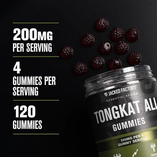 Jacked Factory Tongkat Ali Gummies - 100:1 Tongkat-Ali (Eurycoma Longifolia) Extract for Enhanced Vitality, Improved Energy Levels, Increased Strength, & Lean Muscle Growth - 120 Count, Tart Cherry