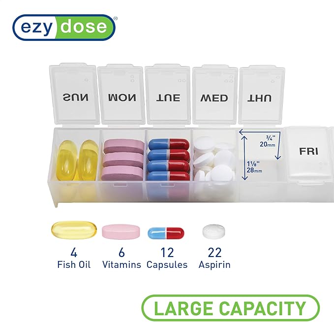 EZY DOSE Weekly (7-Day) Daily Pill Case, Medicine Planner, Vitamin Organizer, Supplement Container, Convenient and Easy to Use, Large Compartments, Travel Friendly, Clear, Made in The USA, BPA Free