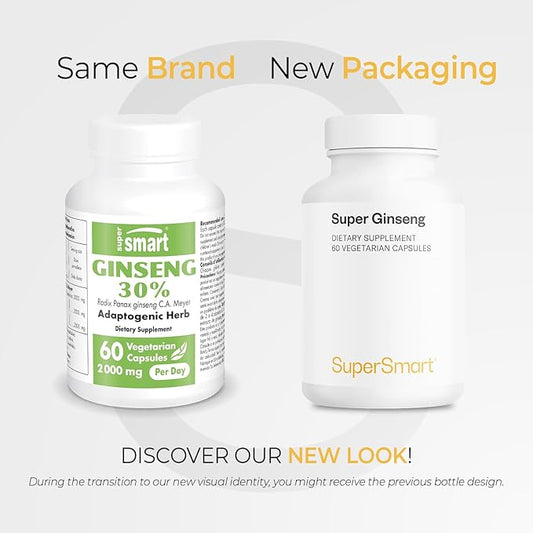 Supersmart - Ginseng 30% 2000mg per Day (High Strength) - Radix Panax Ginseng Supplement - Ginseng CA Meyer 30% Ginsenosides | Non-GMO & Gluten Free - 60 Vegetarian Capsules