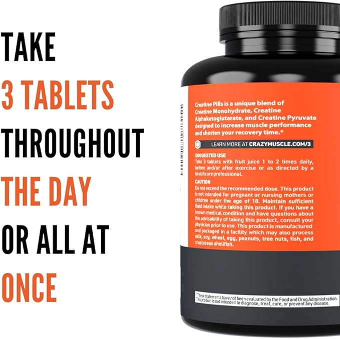 Crazy Muscle Creatine Monohydrate Pills, Premium 3 Type 5g Creatine Pills, Pre and PostWorkout & Keto Energy Builder, Easy to Take Three-Atine for Optimum Performance Men Women, 180 Tablets