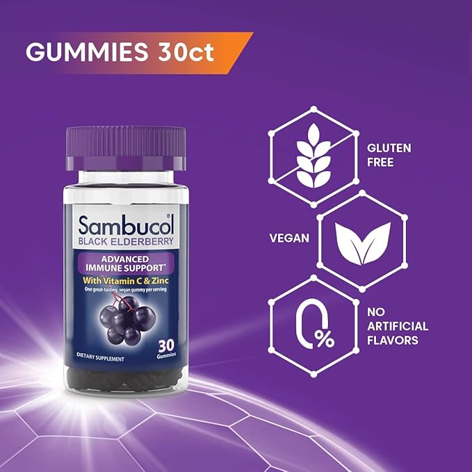 Sambucol Black Elderberry Gummies with Vitamin C & Zinc - Sambucus Elderberry Gummies for Immune Support, High Antioxidants, Gluten Free, Vegan, Elderberry with Zinc & Vitamin C for Adults - 30 Count