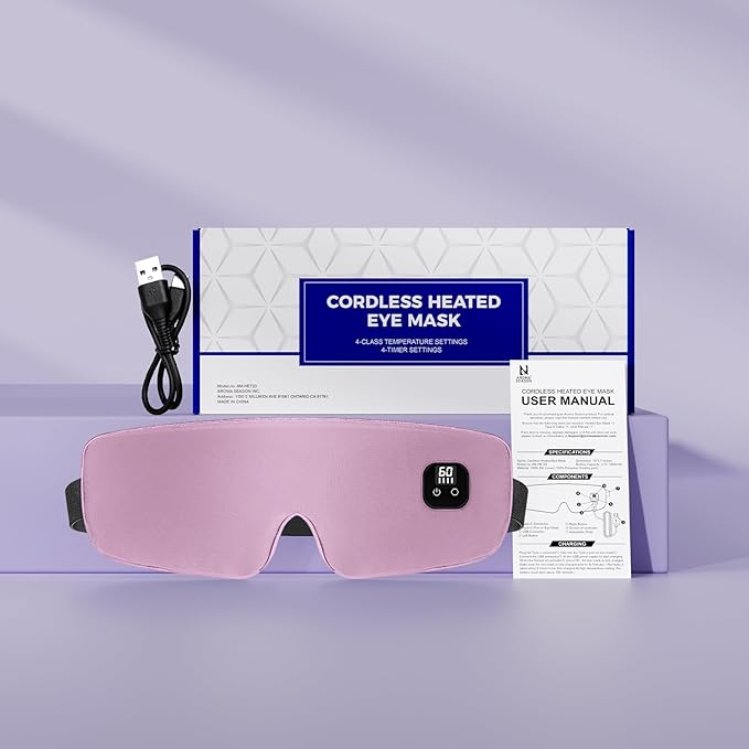 Aroma Season Silk Heated Eye Mask Cordless, 1500mAh Warm Eye Compress for Dry Eyes, Blepharitis, 4 Time Levels and 4 Temperature Settings, Washable (Light Purple Pink)