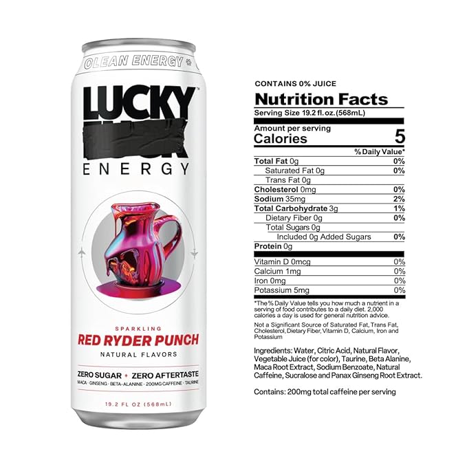 Lucky Energy Sugar Free Energy Drinks 19.2 Fl Oz Cans (Pack of 12) Healthy Energy Drink. Red Ryder Punch with Maca, Ginseng, Taurine, Beta-Alanine, 200mg Caffeine (Packaging May Vary)