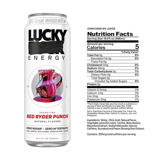 Lucky Energy Sugar Free Energy Drinks 19.2 Fl Oz Cans (Pack of 12) Healthy Energy Drink. Red Ryder Punch with Maca, Ginseng, Taurine, Beta-Alanine, 200mg Caffeine (Packaging May Vary)