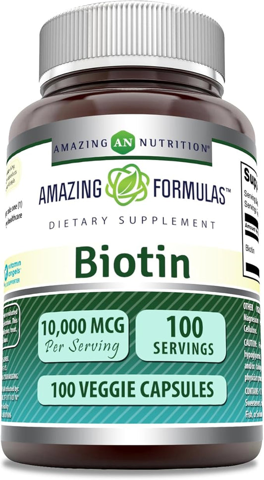 Amazing Formulas Biotin 10000 mcg Veggie Capsules | Vitamin B7 Supplement | Non-GMO | Gluten Free | Made in USA (1 Pack | 100 Count)