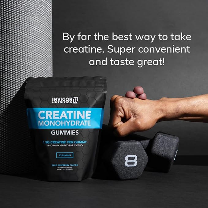 INVIGOR8 Creatine Gummies, Non GMO Creatine Monohydrate for Men and Best Creatine for Women, 4.5 Grams of Creatine Per Serving 90 Gummies, Halal Gluten Free Vegan, Low Sugar, Blue Raspberry