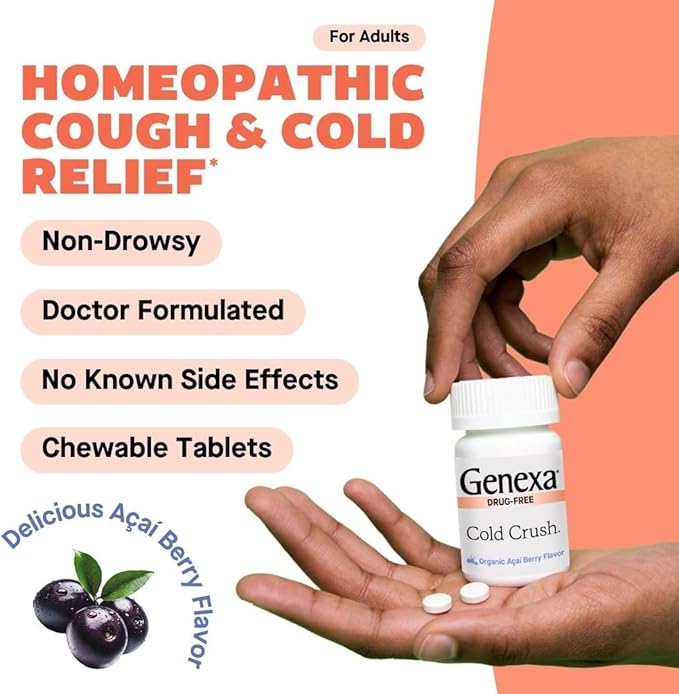 Genexa Cold Crush | Multi-Symptom Cough & Cold Relief for Adults | Delicious Organic Acai Berry Flavor | Certified Organic & Non-GMO | Homeopathic Remedy Made Clean | 180 Chewable Tablets (3 Pack)