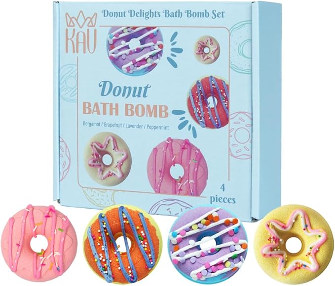 KAV Bath Bombs, 4 Donut Bath Bomb Gift Set, Natural Organic Bubble Bathbombs for Women, Gifts Stocking Stuffers Christmas Easter Self Care Gift Set for Ladies Girls Kids - 4 Scents
