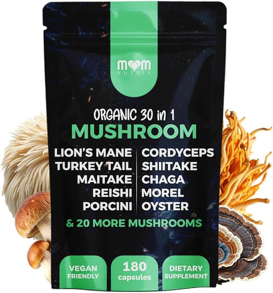 30 in 1 Ultimate Mushroom Supplement - 180 Mushroom Capsules, Organic - Lion’s Mane, Cordyceps, Chaga, Reishi, Turkey Tail, Mitake, Shiitake & More - Brain & Immune Support