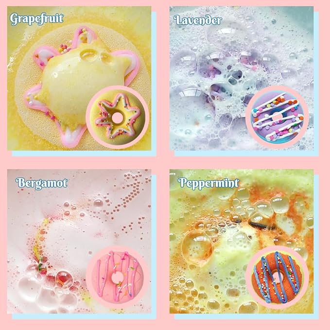 KAV Bath Bombs, 4 Donut Bath Bomb Gift Set, Natural Organic Bubble Bathbombs for Women, Gifts Stocking Stuffers Christmas Easter Self Care Gift Set for Ladies Girls Kids - 4 Scents
