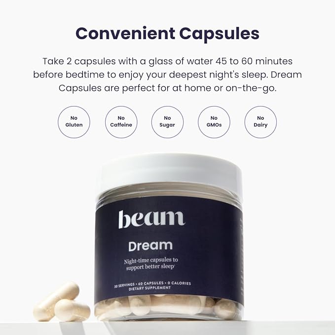 Beam Dream Sleep Capsules, Sleep Supplement, Sleep Aids for Adults, Contains Magnesium, Melatonin, L Theanine, Apigenin, Natural Sleep Aid, Vegan, Non GMO, Dairy Free, 3rd Party Tested, 30 Servings