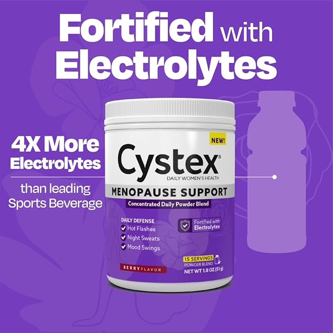 Cystex Menopause Support Powder – Daily Relief for Hot Flashes, Night Sweats & Mood Swings – Clinically Studied Ingredients – Electrolyte-Enhanced, Berry Flavor, (15 Servings)