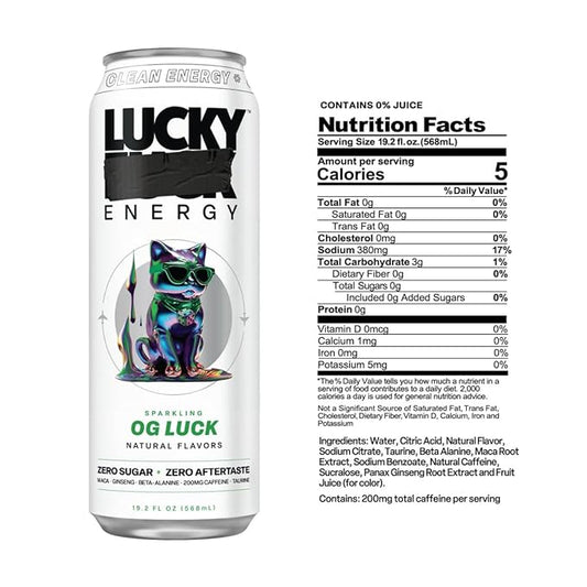 Lucky Energy Sugar Free Energy Drinks 19.2 Fl Oz Cans (Pack of 12) Healthy Energy Drink. OG Luck with Maca, Ginseng, Taurine, Beta-Alanine, 200mg Caffeine (Packaging May Vary)