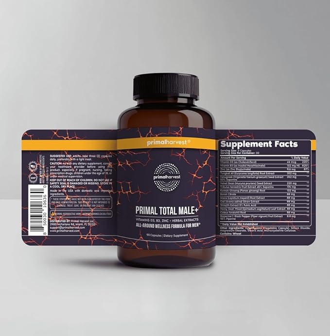 Primal Harvest Primal Total Male Natural Tribulus Terrestris, Fenugreek, Korean Ginseng, Maca Root Horny Goat Weed for Men Booster, Max Boost 90 Capsules…